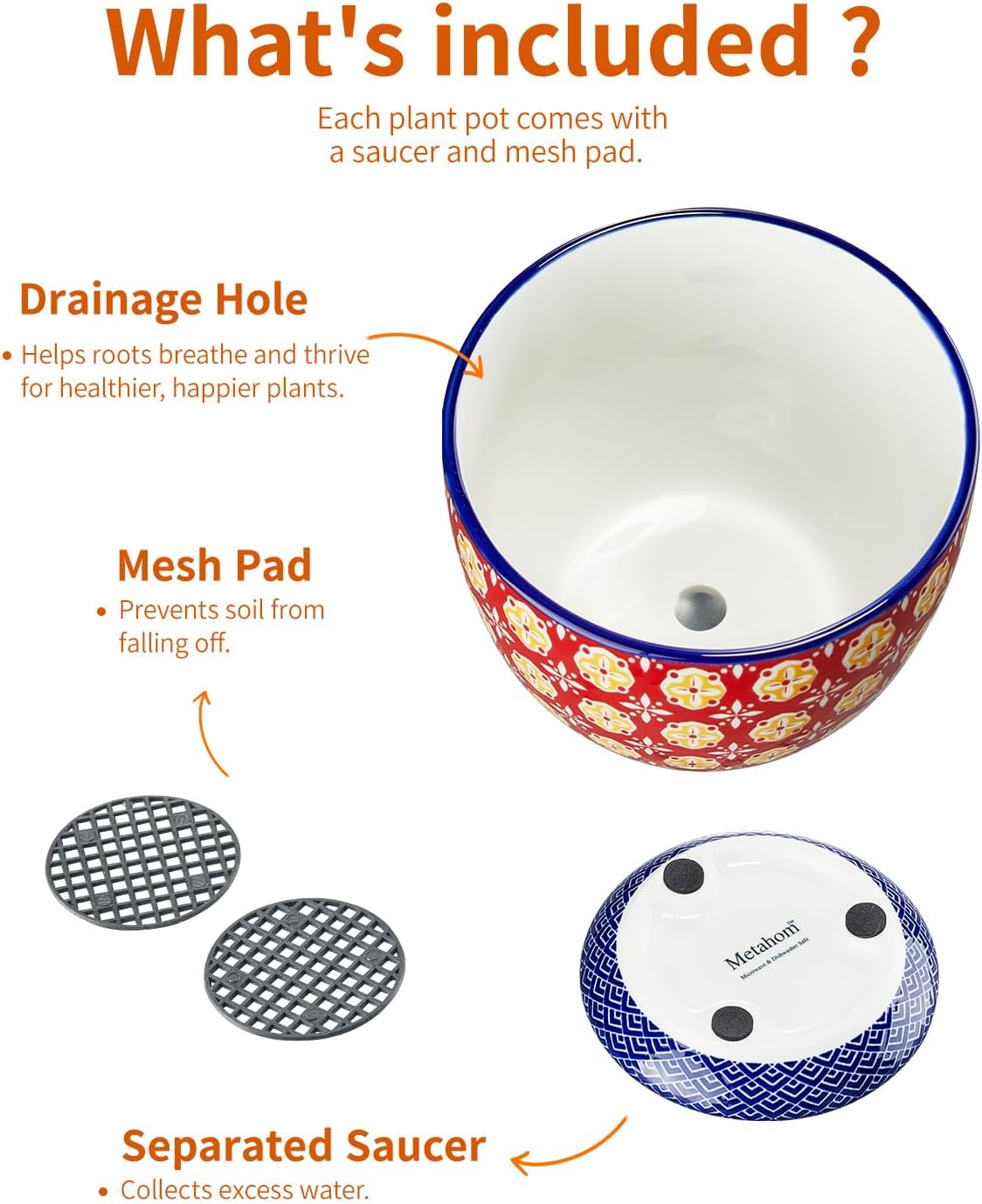 Metahom Ceramic Plant Pots, 5.8 Inch Flower Pots for Indoor Plants, Colorful Planters with Drainage Hole & Saucer