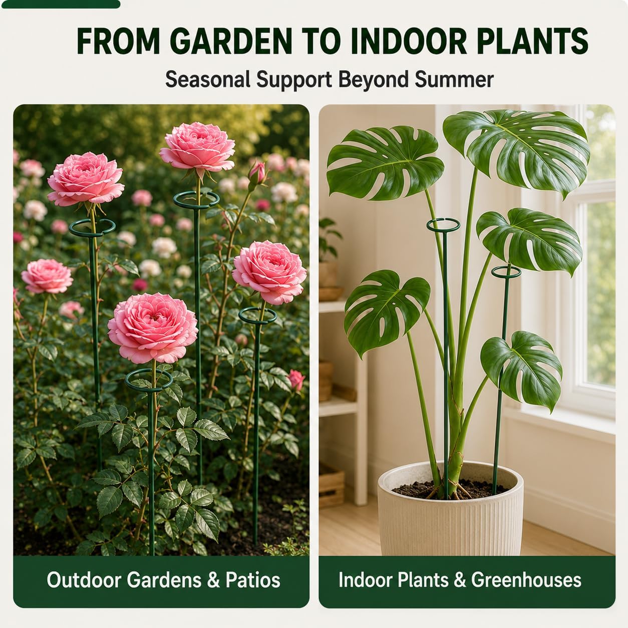 Plant Support Stakes, 20 Pack 24 Inch Metal Rings for Flower Stems | Green powder-coated hoops cradle top-heavy blooms