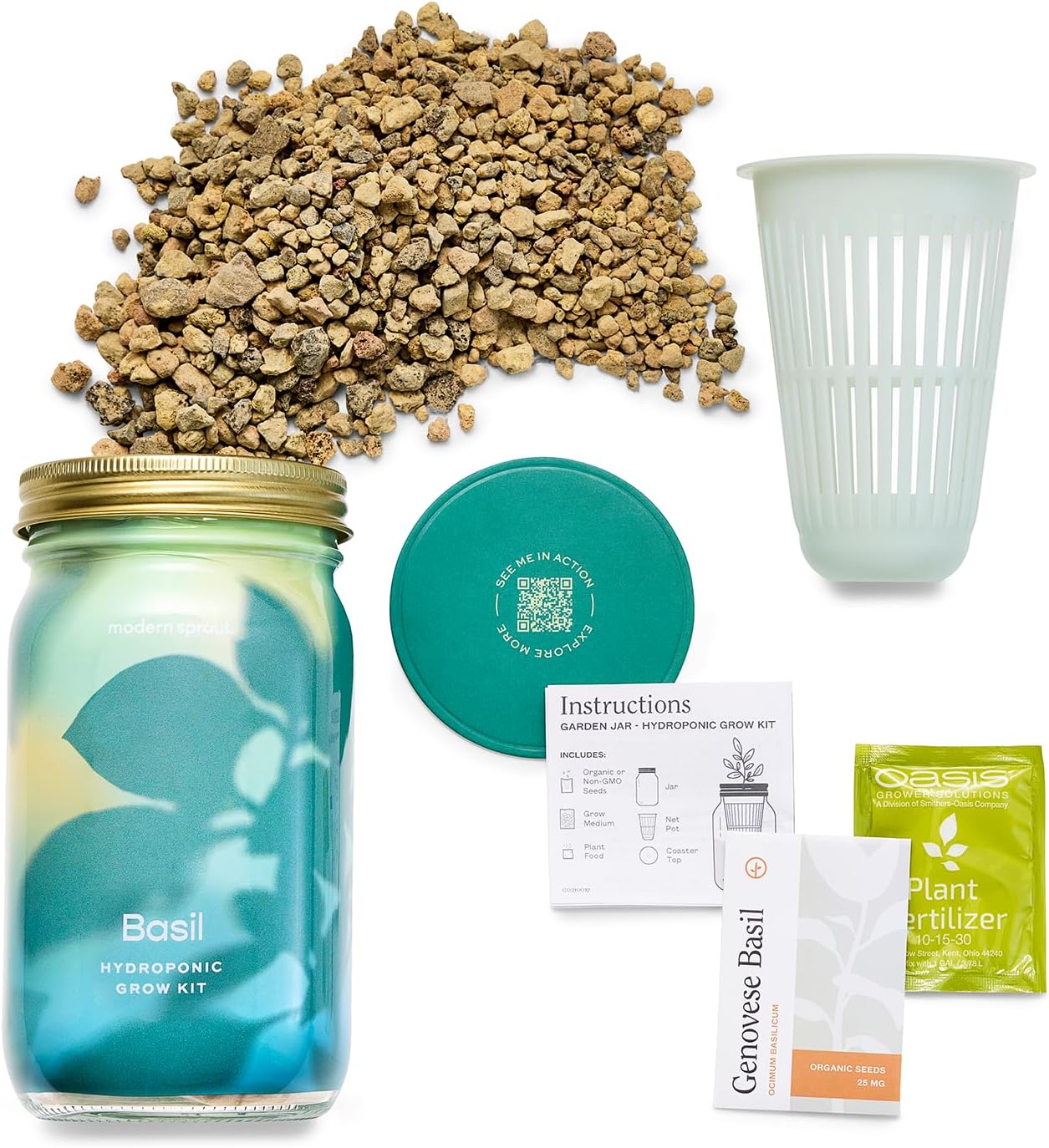 Modern Sprout Mason Jar+Replant Kit- Self-Watering Hydroponics System-Basil | Growing System Kit w/Organic Herb Seeds
