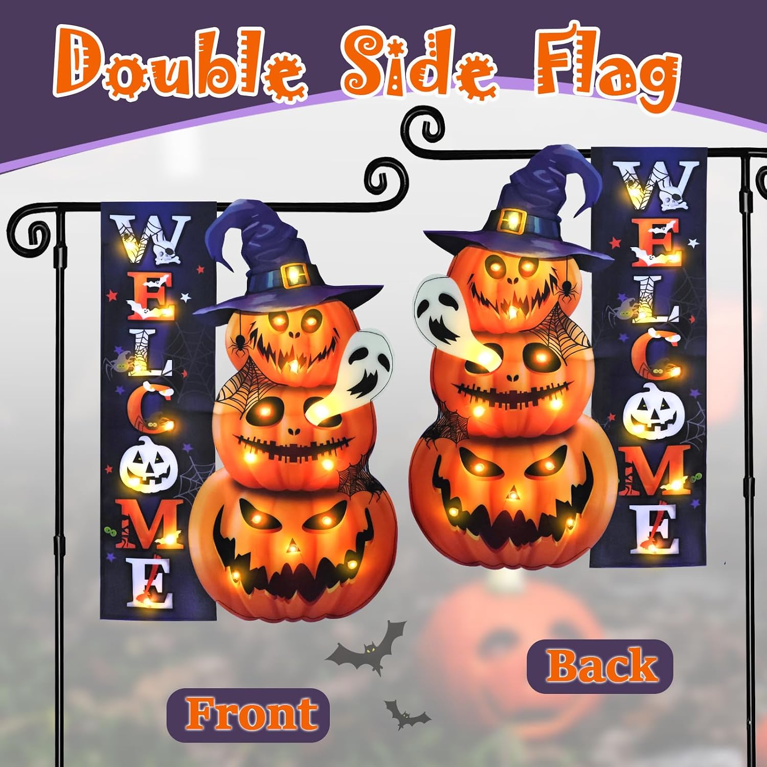 Halloween Lighted Garden Flag, Pumpkin Yard Decor, 12x18 In | Solar Powered, 8 Modes, Double Sided, Welcome Pumpkin