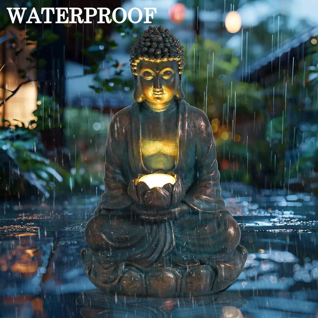 Bshine Buddha Statue Outdoor Solar Light with Lotus Lamp, Zen Garden Decor | Waterproof Buddha Garden Statues with