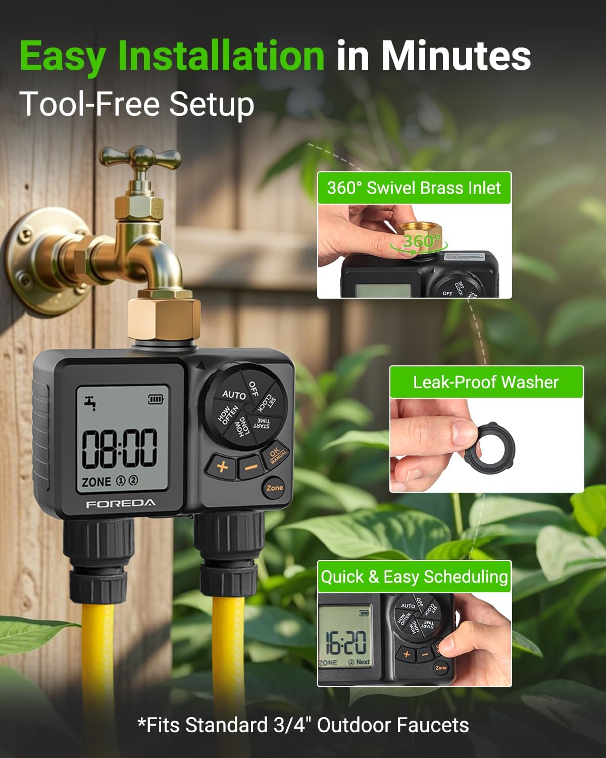 Rechargeable 2 Zone Water Timer, Sprinkler Timers for Garden Hose | Built-in Rechargeable Battery, Brass inlet, 2 Zone