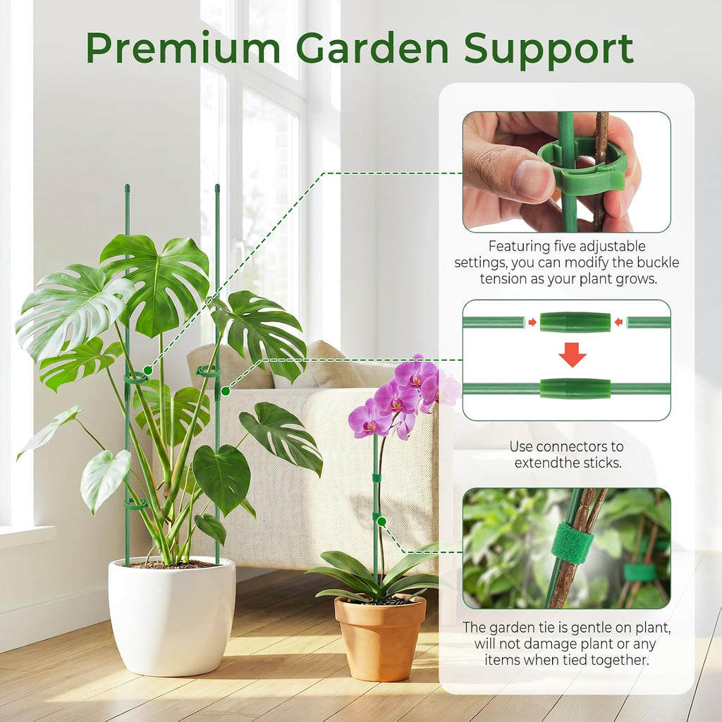 30 Pcs Plant Support Stakes Height Adjustable (17.7, Inches) | Garden Single Stem Plant Stake with 60 Pcs Plant Clips