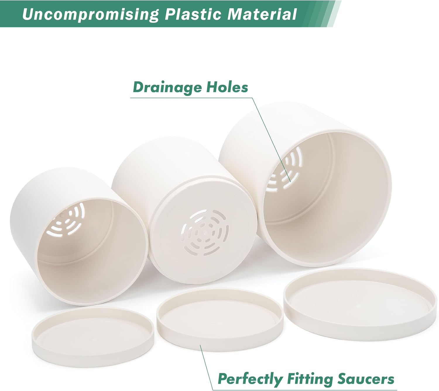 D'vine Dev 3-Pack Plastic Pots & Saucers, 6/6.5/8 in, Oatmeal, 74-V-H-3 | Multi-Size Options, Lightweight Durable