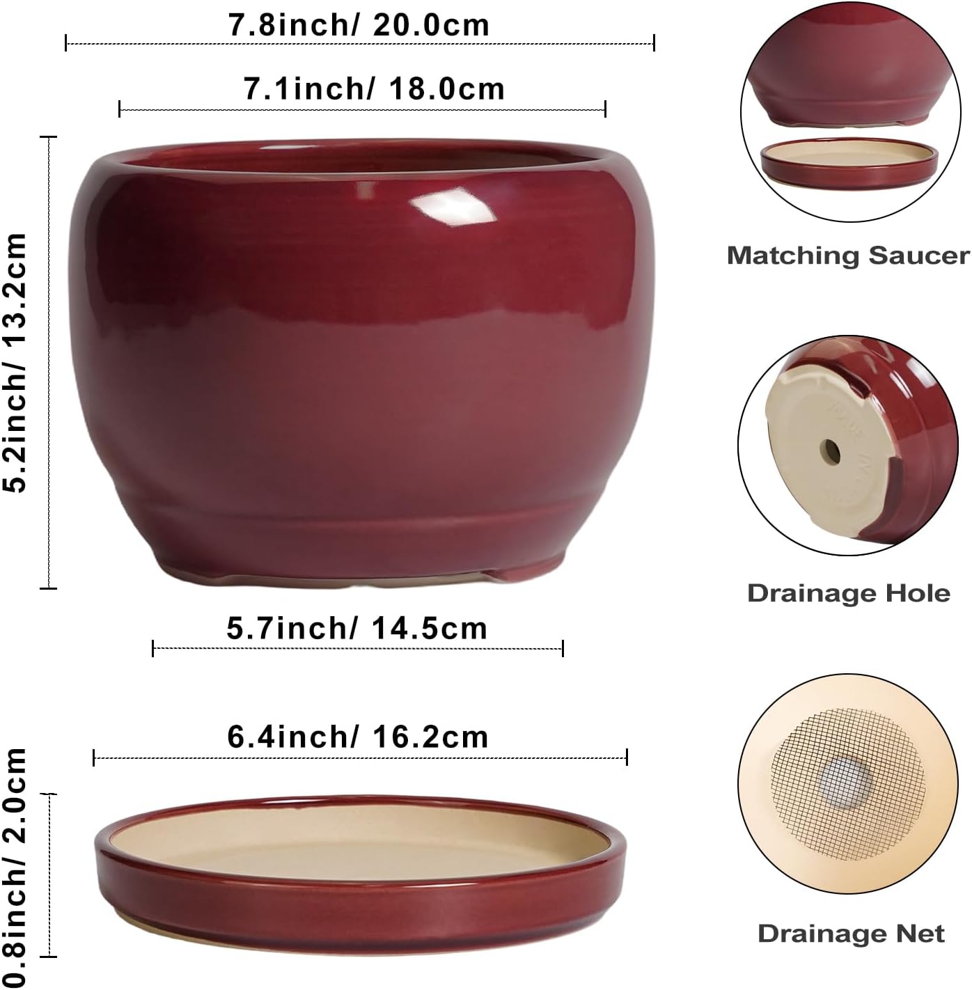 SQOWL Ceramic Planter - 8 Inch Plant Pot with Drainage Hole and Saucer, Round Planter for Indoor Outdoor Plants, Modern