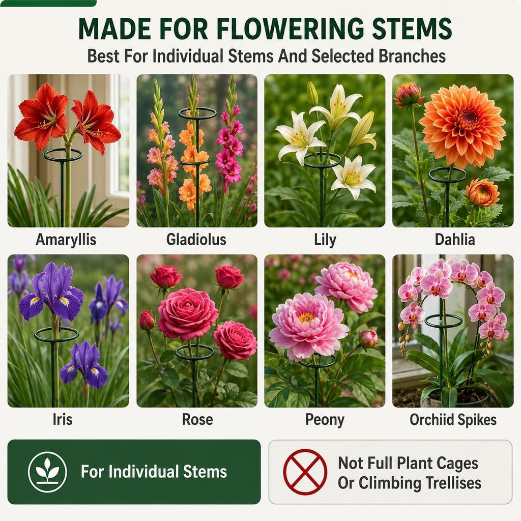 Plant Support Stakes, 20 Pack 24 Inch Metal Rings for Flower Stems | Green powder-coated hoops cradle top-heavy blooms
