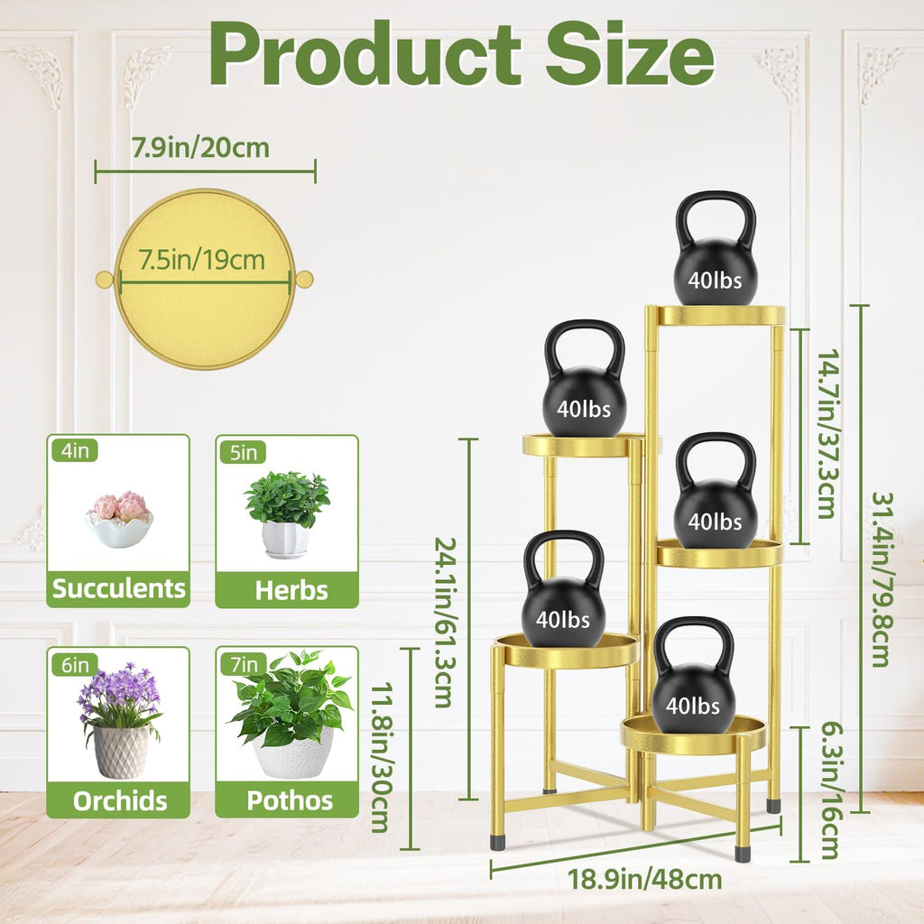 iDavosic.ly Plant Stand Indoor Outdoor, 5 Tier Metal Corner Shelf, Gold | Tiered Flower Display Holder, Folding Multi