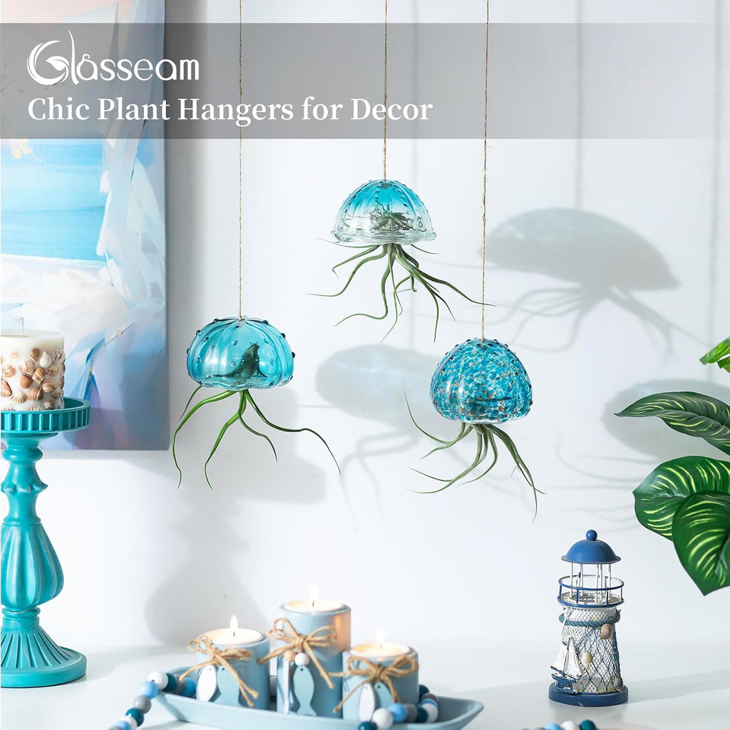 Glasseam Glass Jellyfish Decor, 3 Pcs Hanging Air Plant Holders with Jute | Tillandsia Houseplants Display, Ocean Blue