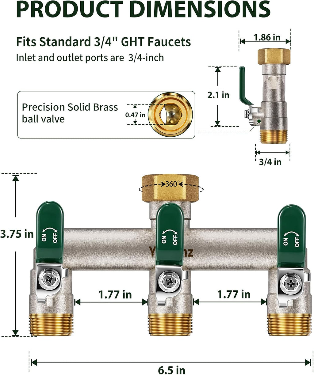 3 Way Garden Hose Splitter, 3/4" GHT Full Flow Hose Splitter | One-Piece Heavy Duty Full Brass Body with Shut-off