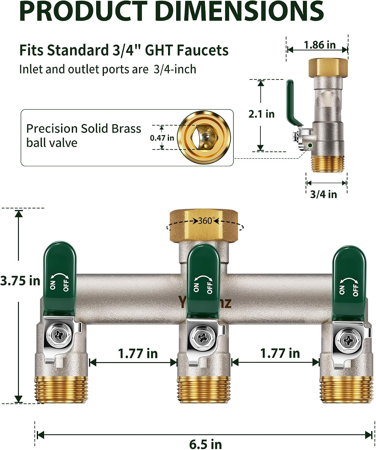3 Way Garden Hose Splitter, 3/4" GHT Full Flow Hose Splitter | One-Piece Heavy Duty Full Brass Body with Shut-off