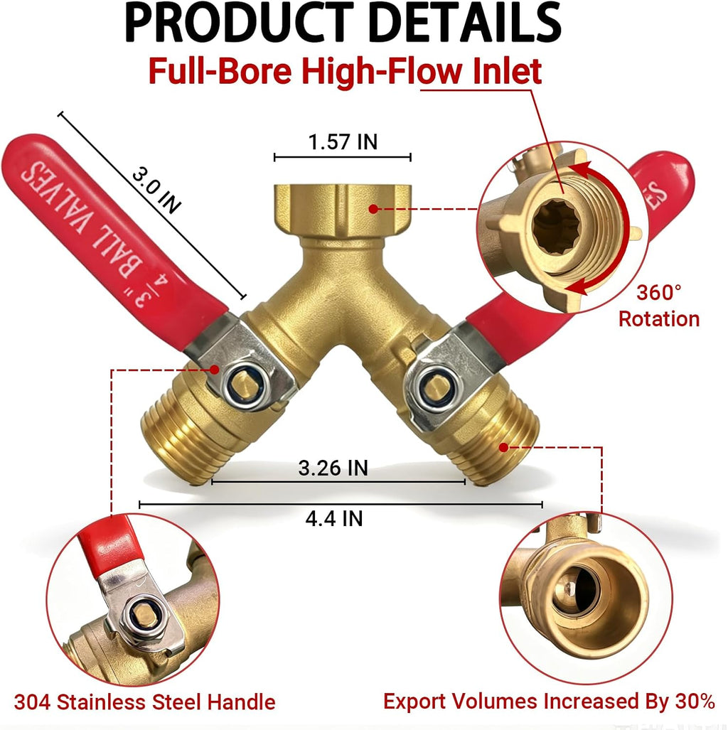 Garden Hose Splitter 2 Way, Heavy Duty Brass Full Flow Y Valve, 3/4" GHT | Solid Brass Construction with Leak-Proof