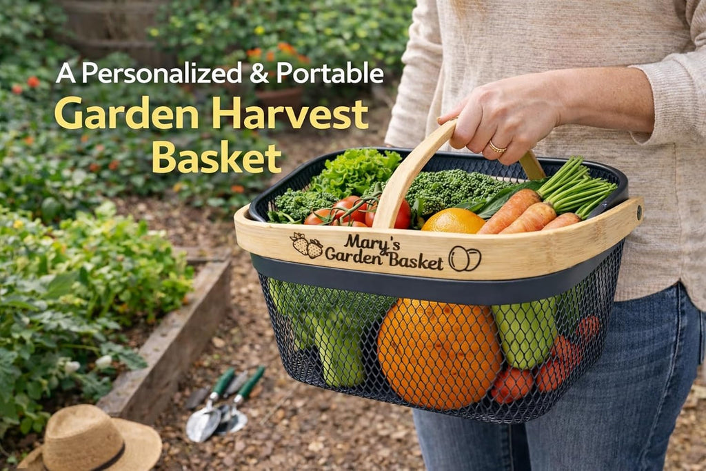 Garden Harvest Basket Dark Mesh Vegetable Hod with Bamboo Handle – Personalized Garden Basket for Harvesting Fruits