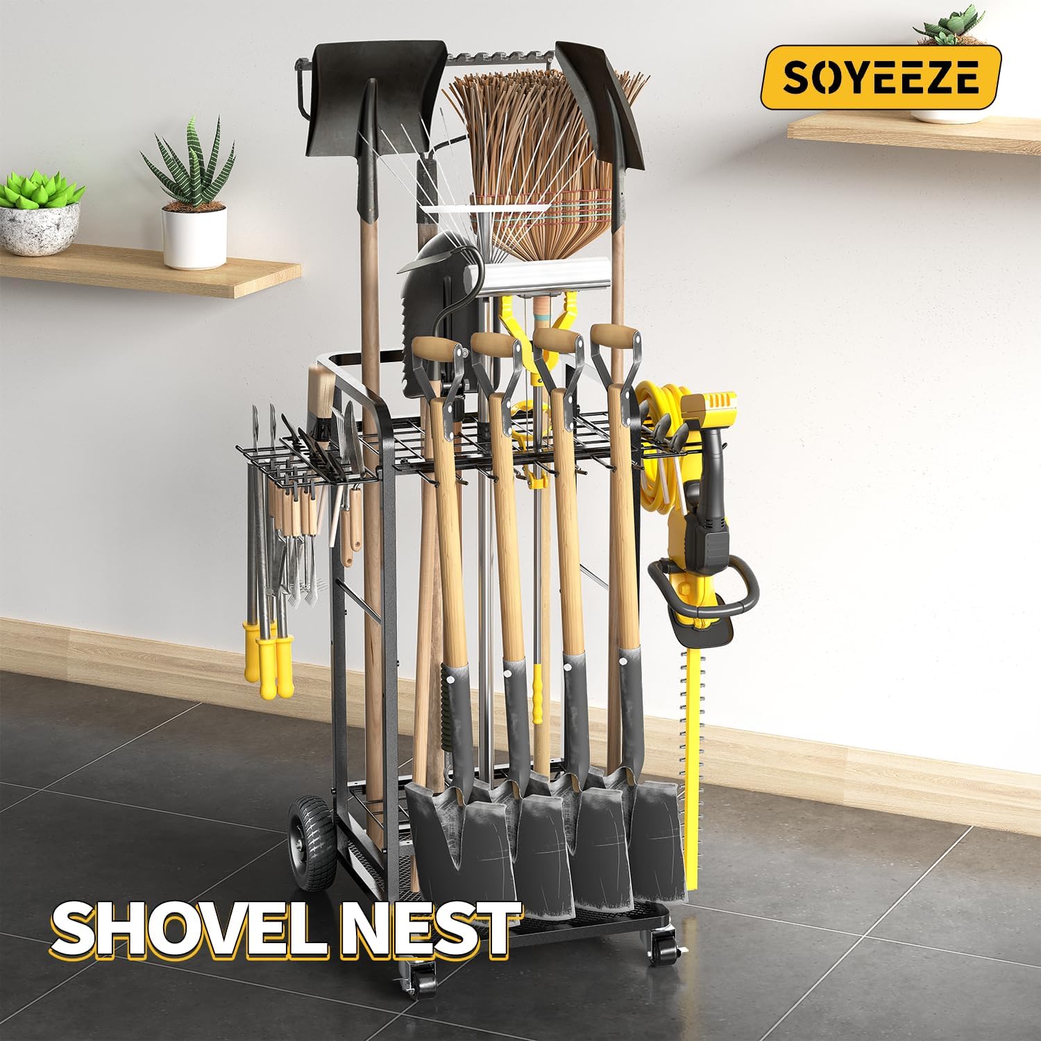 SOYEEZE Garden Tool Organizer with Large Wheels, Heavy Duty 3-Tier Yard Tower Tool Rack for Garage, Holds Up to 35