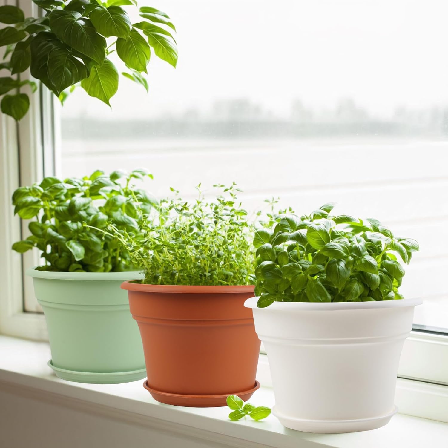 Pottiffe 16 inch Plastic-Flower-Pot-for-Indoor-Plants, 4 Pack Large Outdoor Planter Pot with Drainage Holes & Saucers