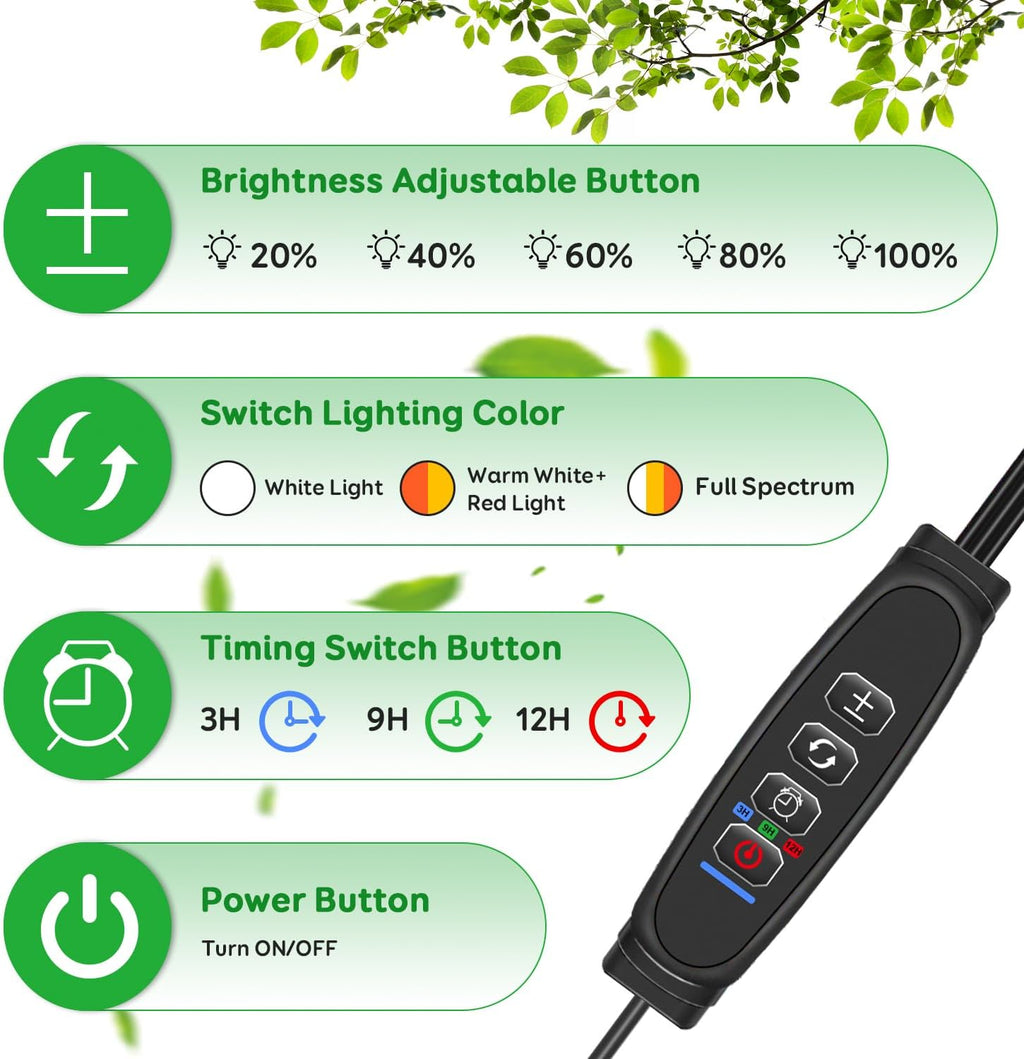 LED Grow Lights for Indoor Plants, 3Heads Grow Lights for Seed Starting, 10 Dimmable Levels & 3 Timer Modes (3/9/12H)