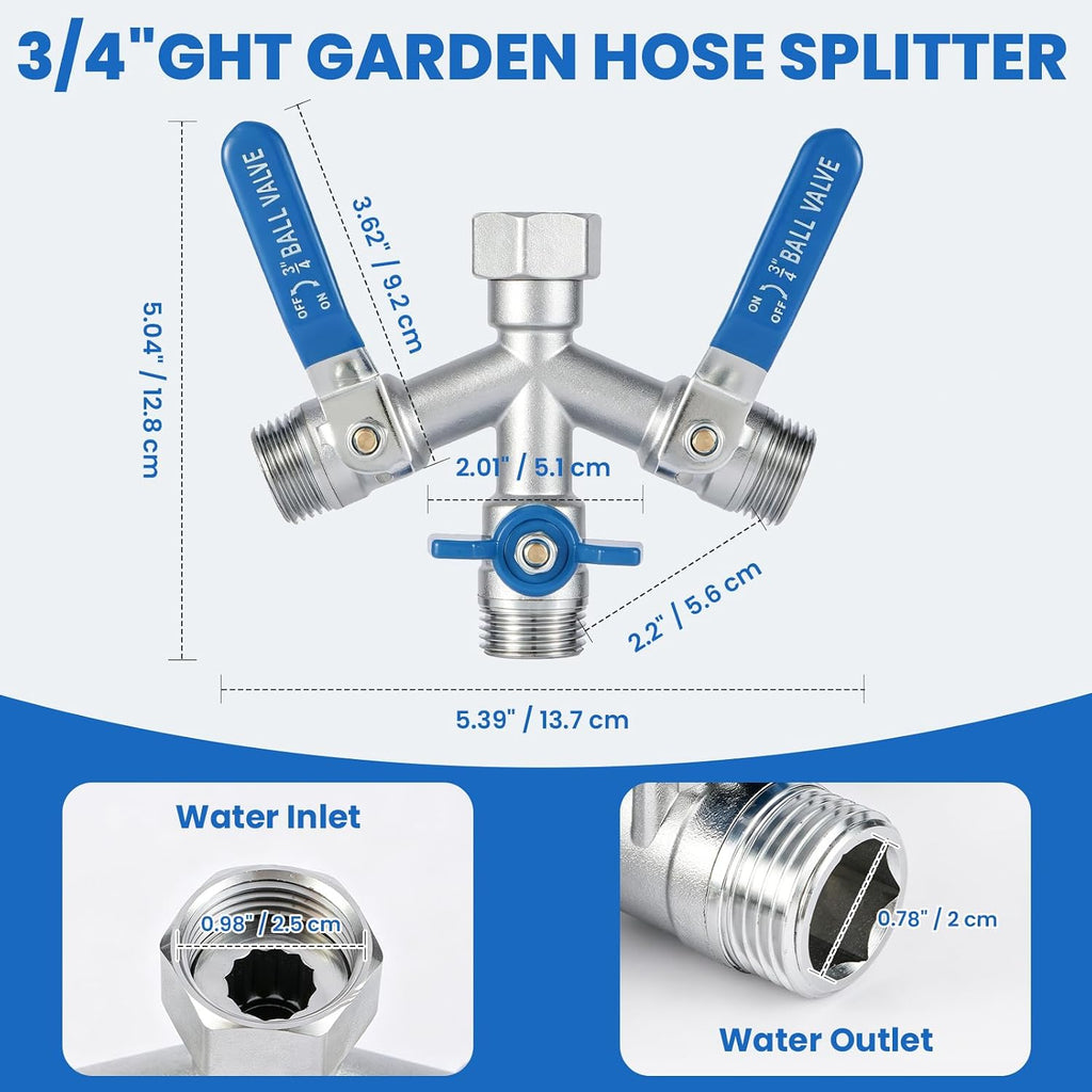 3 Way Garden Hose Splitter, 304 Stainless Steel Hose Splitter, with Shut-off Valves, full flow hose splitter, Rust &