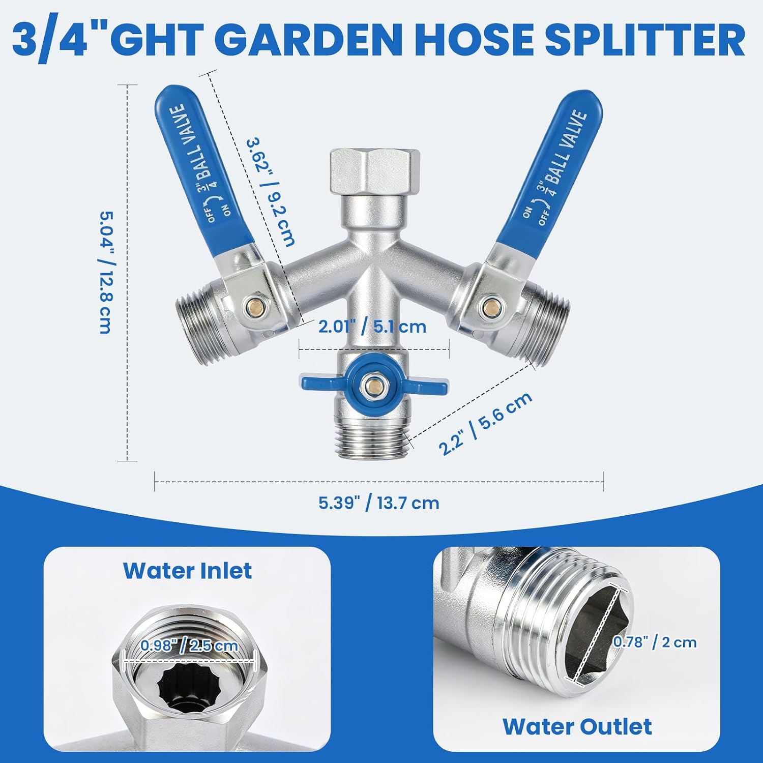 3 Way Garden Hose Splitter, 304 Stainless Steel Hose Splitter, with Shut-off Valves, full flow hose splitter, Rust &