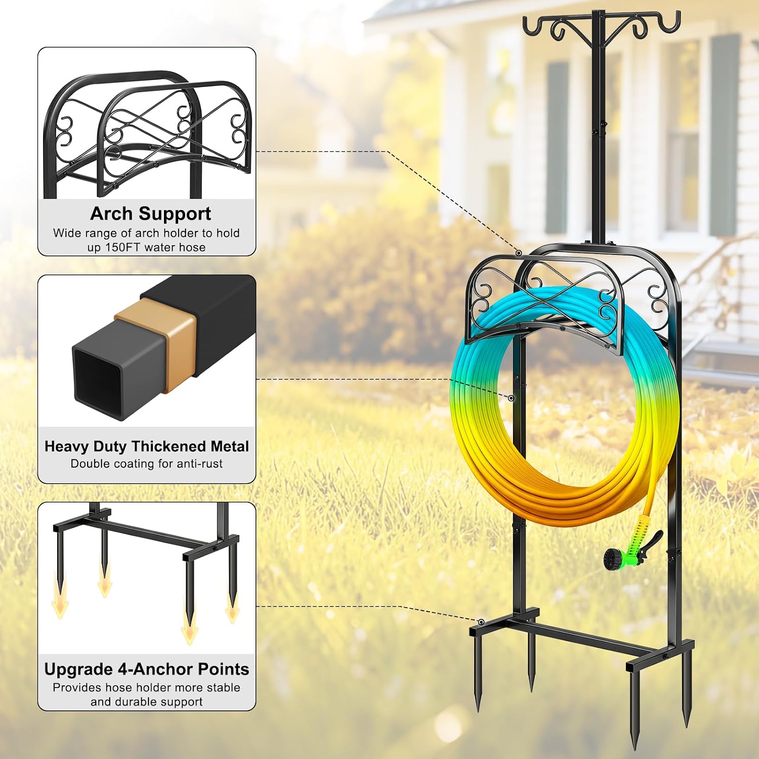 Gtongoko Garden Hose Holder for Outside 70" with 4 Prongs Base & 2 Shepherds Hooks Heavy Duty Freestanding Metal Water