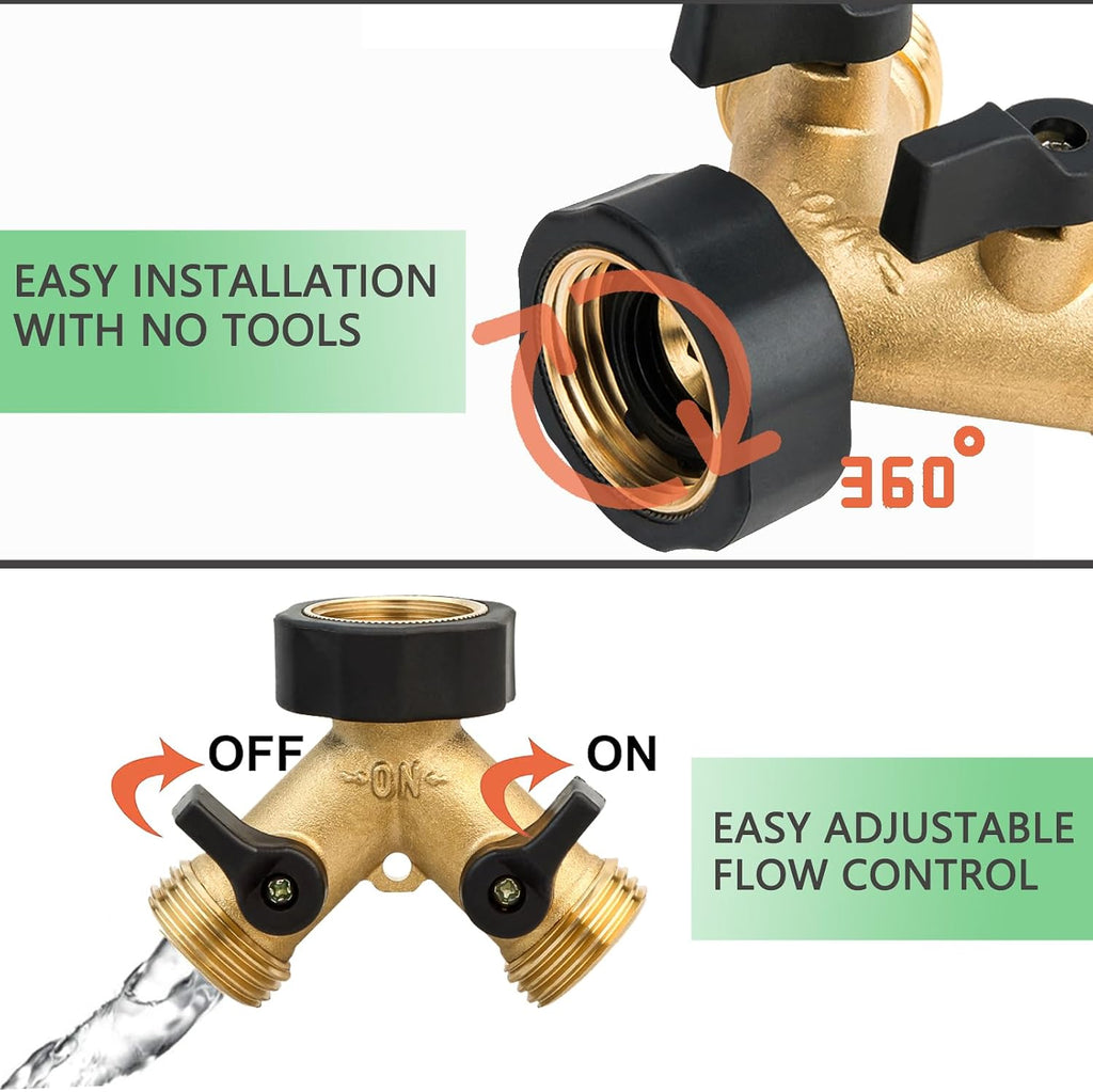 Heavy Duty 2 Way Brass Garden Hose Splitter with Shut Off Valves, Outdoor Faucet Connector with Water Timer, Anti Kink