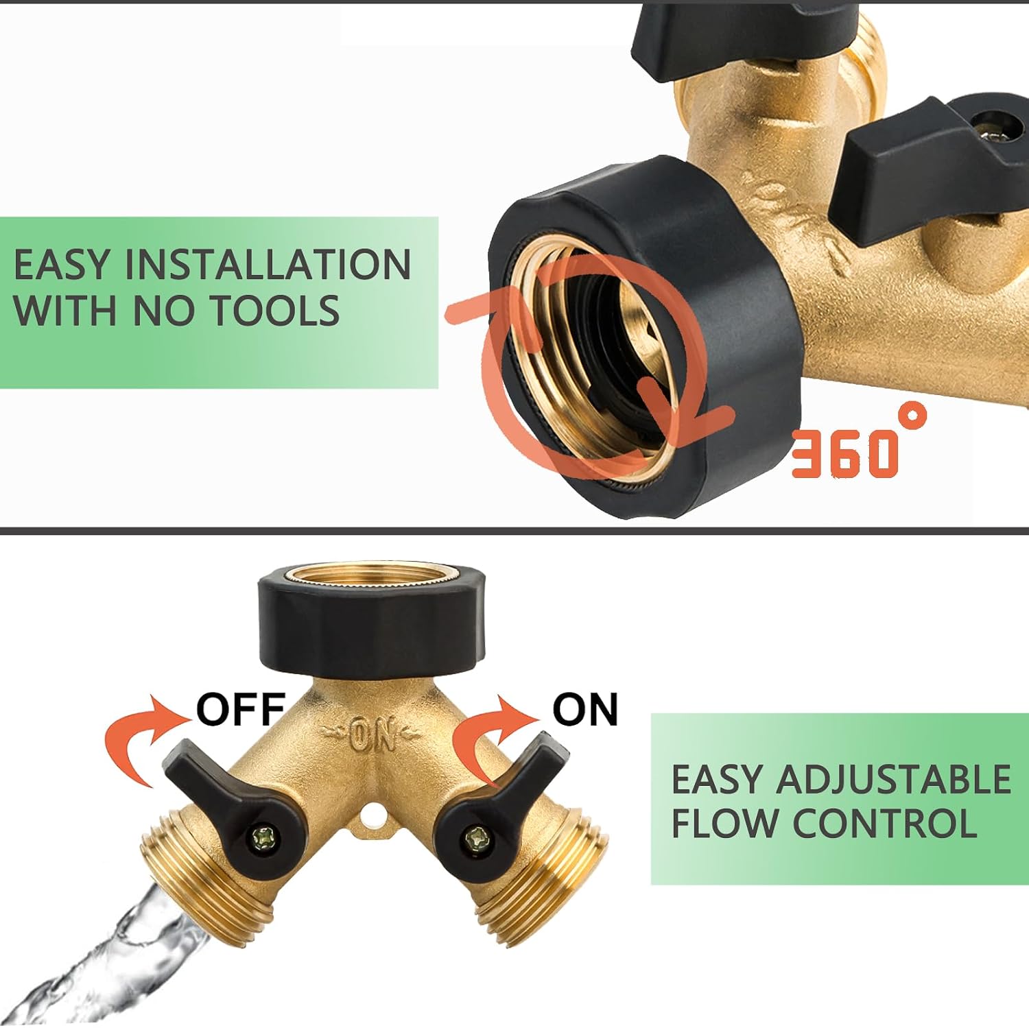Heavy Duty 2 Way Brass Garden Hose Splitter with Shut Off Valves, Outdoor Faucet Connector with Water Timer, Anti Kink
