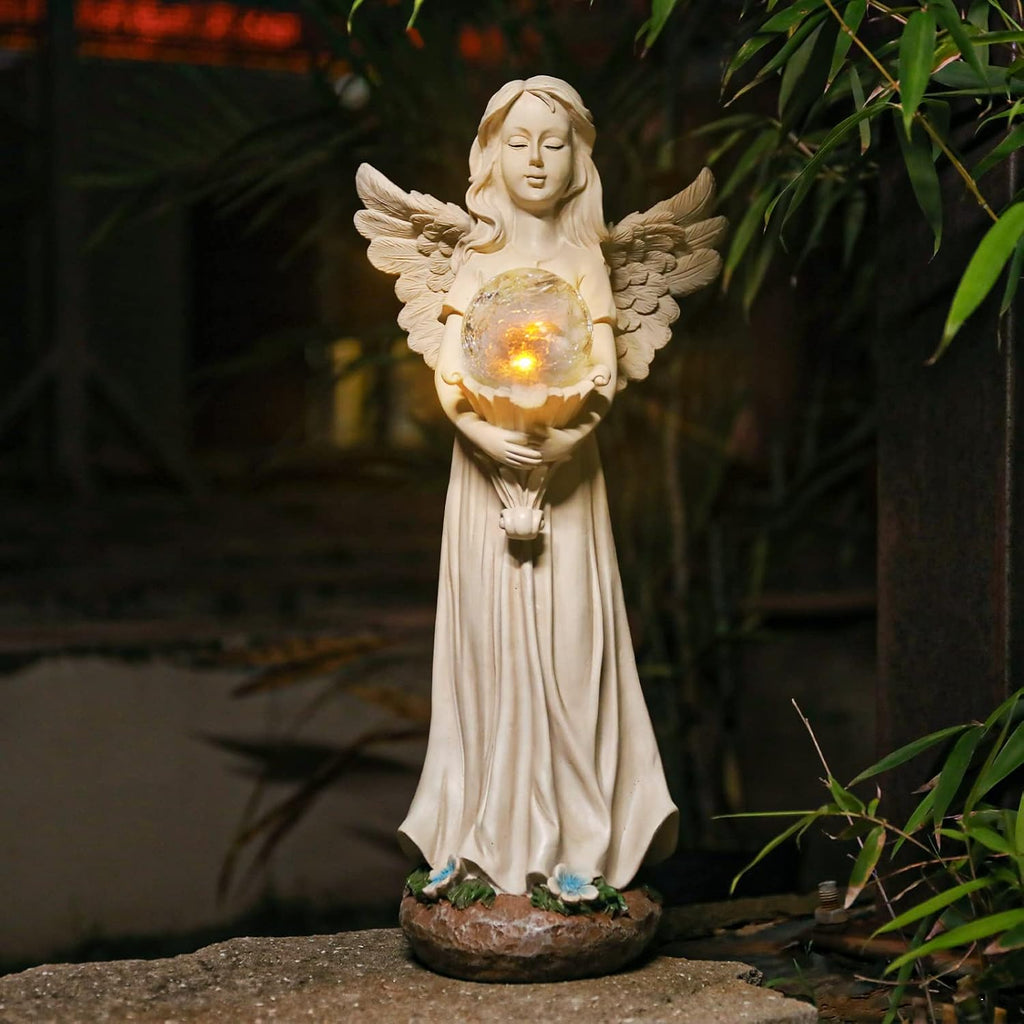 Garden Angels Outdoor Statue, Solar Angel with Crackled Glass Globe | 16.3'' Resin Angel Statue with Warm Led Lights