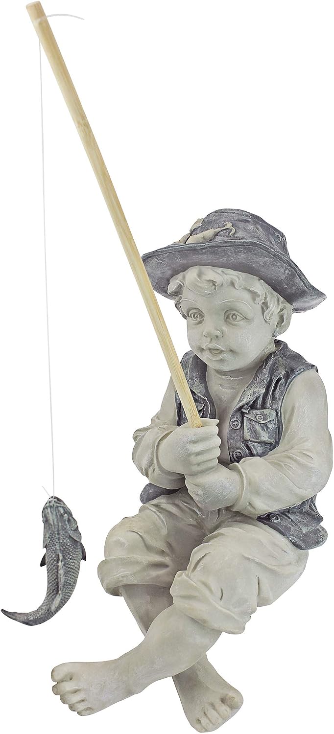Design Toscano Frederic the Little Fisherman of Avignon Boy Fishing Garden Statue, 15 Inch Tall, Cast Stone Resin, Two