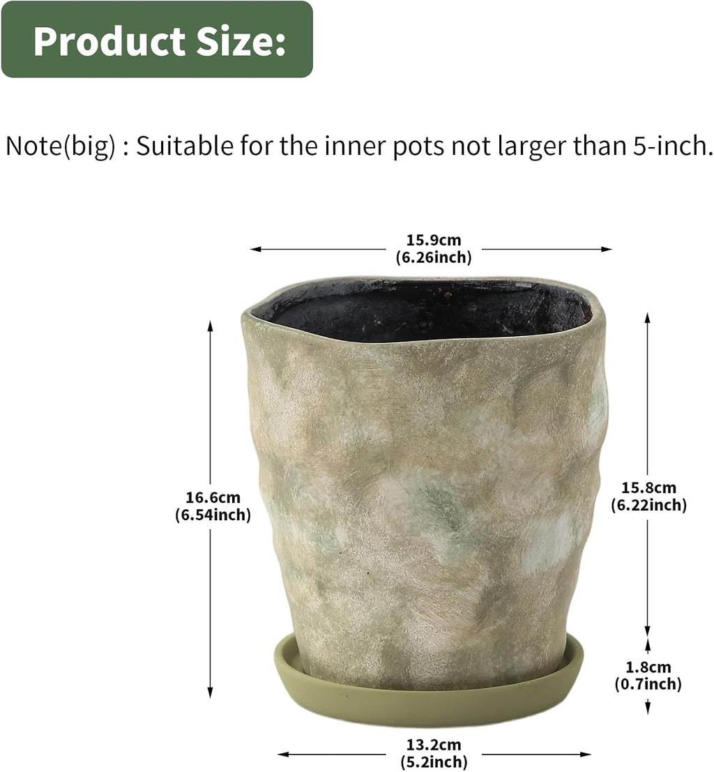 6 Inch Ceramic Planter Set of 2 with Drainage Hole and Saucer for Plants, Indoor-Outdoor Large Irregular Succulent