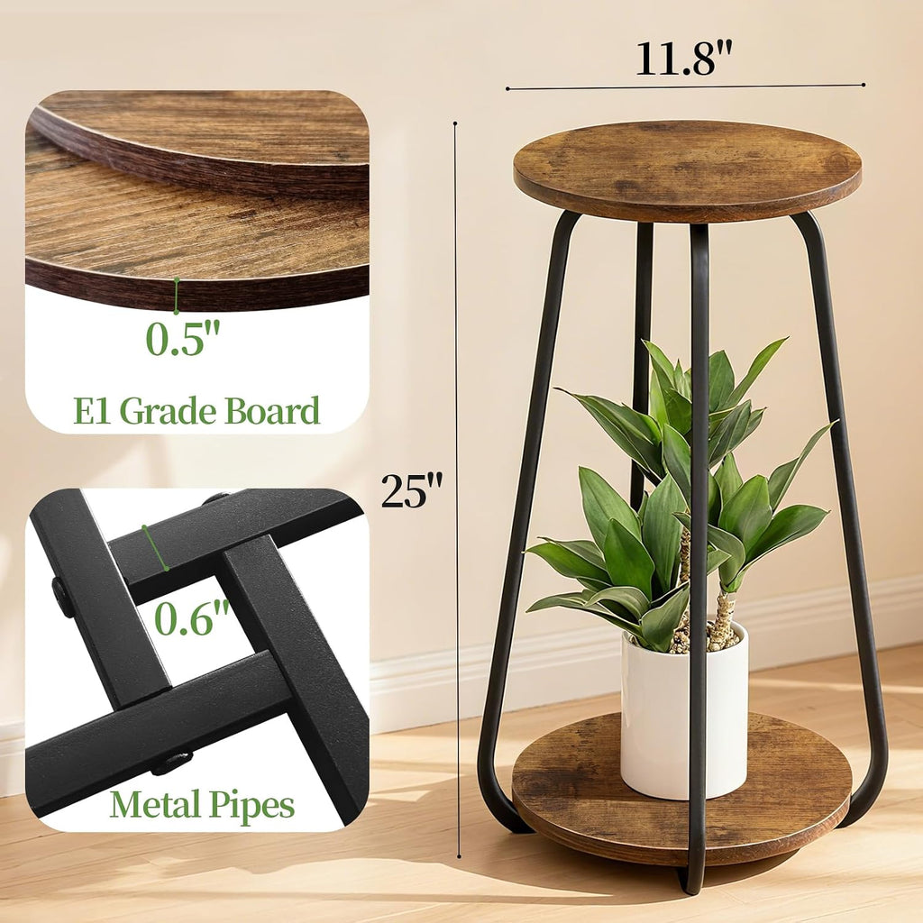 Plant Stand Indoor, 2 Tier Metal Wood Plant Shelf for Living Room | Round Plant Pedestal Stands Saves Space Flower