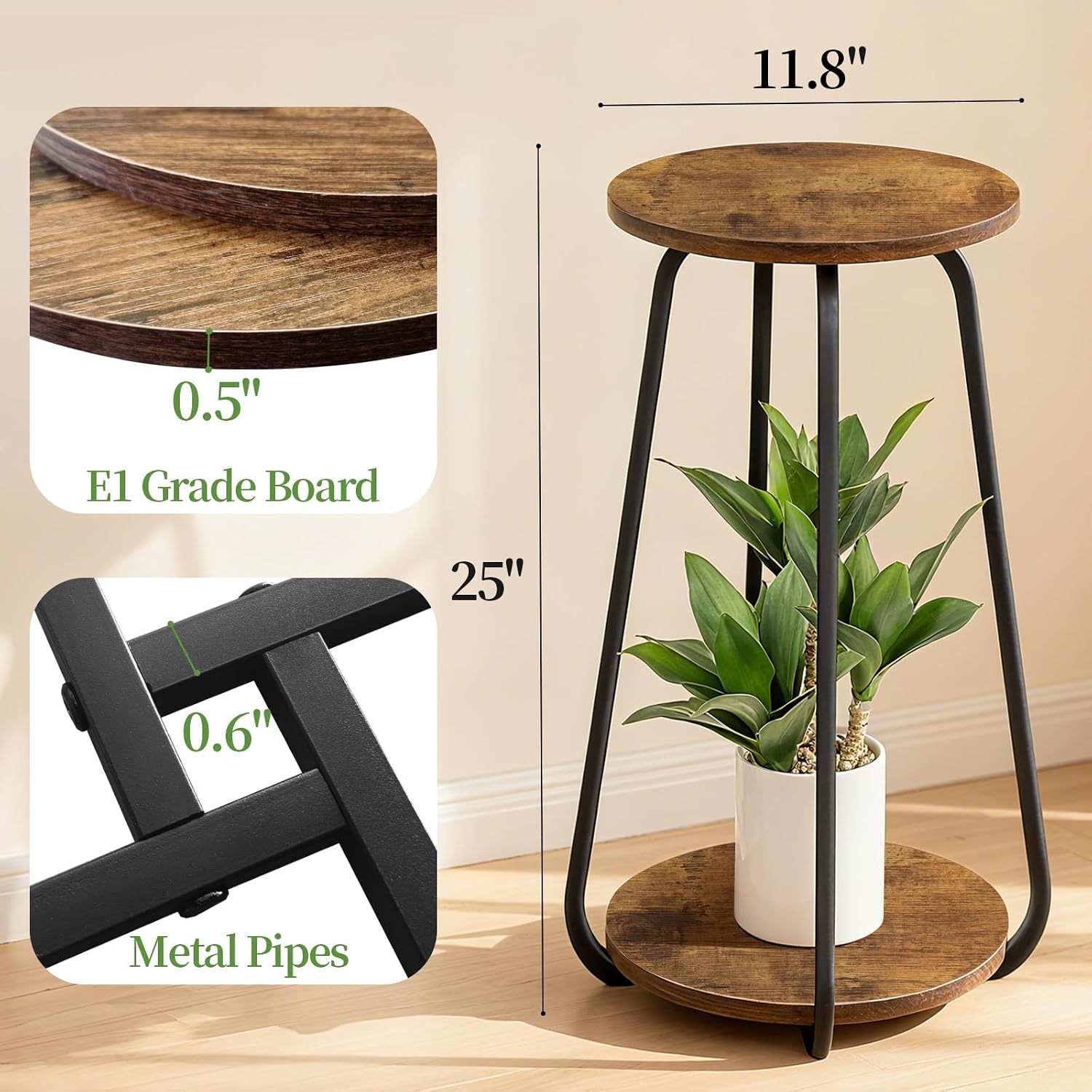 Plant Stand Indoor, 2 Tier Metal Wood Plant Shelf for Living Room | Round Plant Pedestal Stands Saves Space Flower