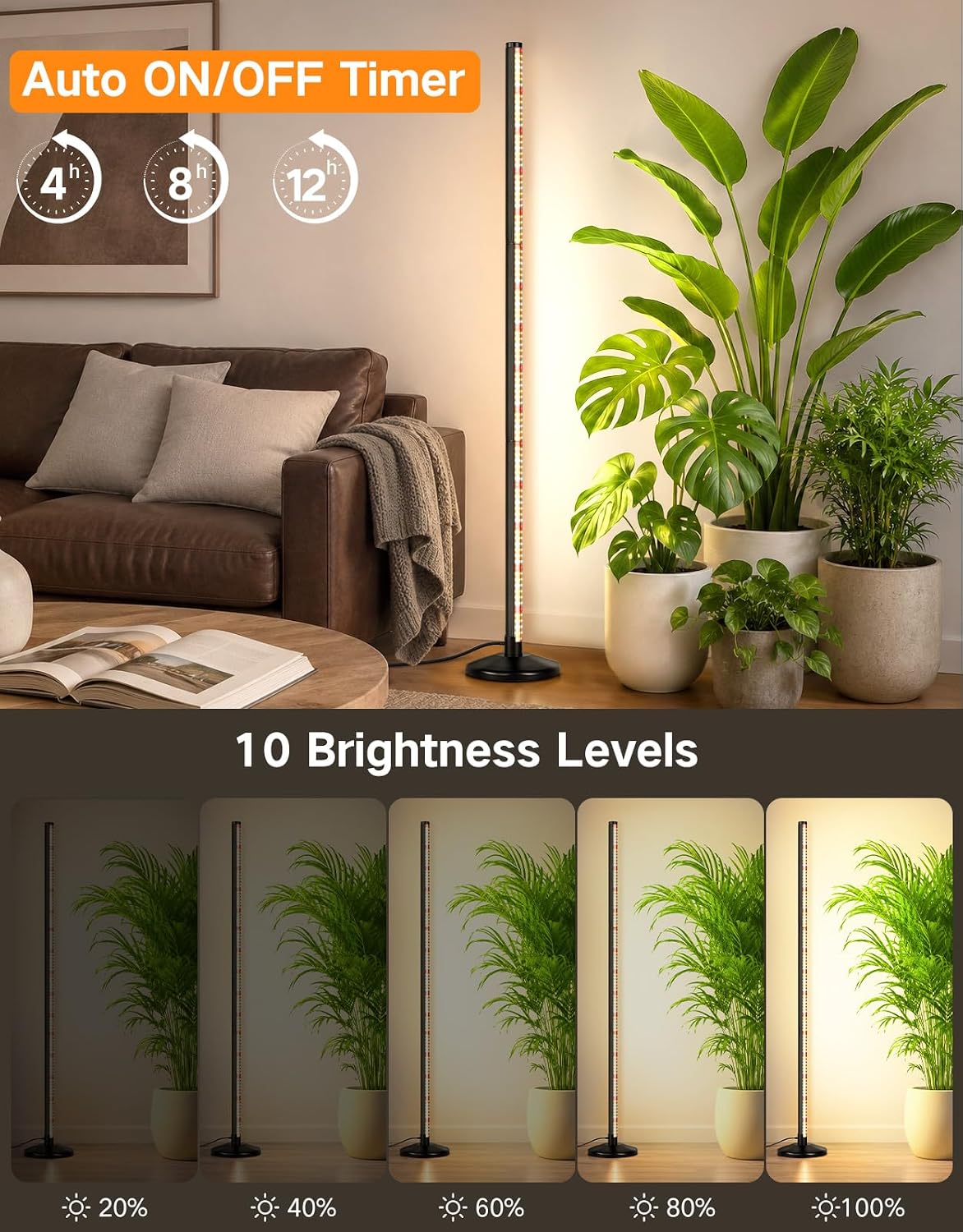 OUTON Standing Grow Lights for Indoor Plants, 36W Full Spectrum Plant Light | Vertical grow light with 210 LEDs, 6000K