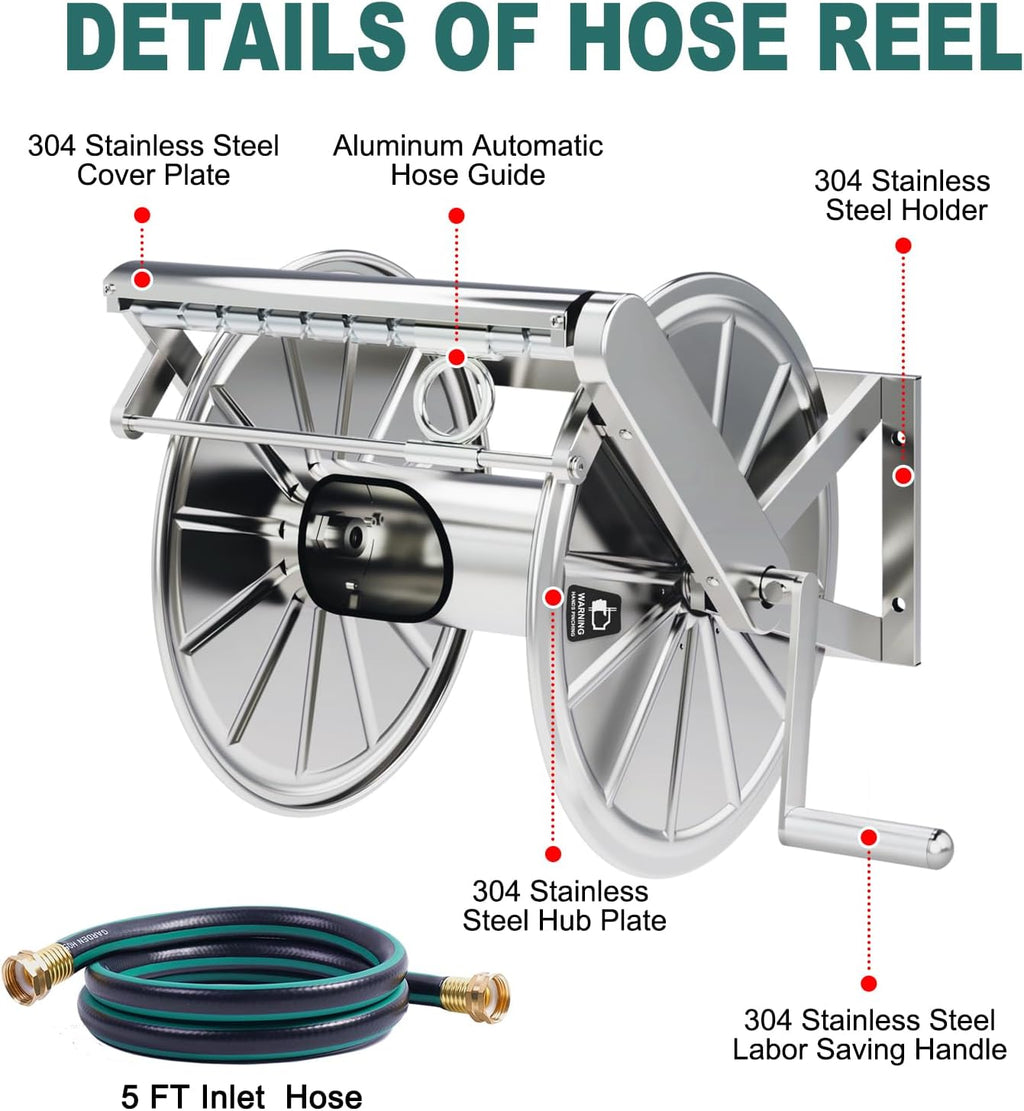 Stainless Steel Garden Hose Reel Heavy Duty, Wall Mount Water Hose Holder, 150 Feet of 5/8 Inch Hoses Capacity, Hose