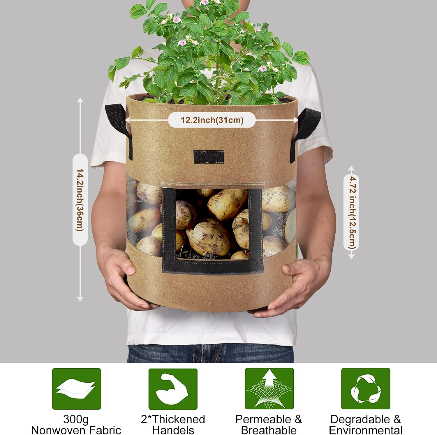 Visible Strawberry Sweet Potato Grow Bags 7 Gallon with Flap Window 3-Pack, Heavy Duty Thickened Aeration Nonwoven