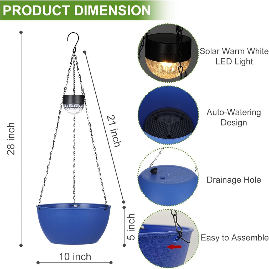 BAYN 2 Packs Solar Hanging Basket Planters for Plants Outdoor | Self Watering, Blue Flower Pots with Solar Light