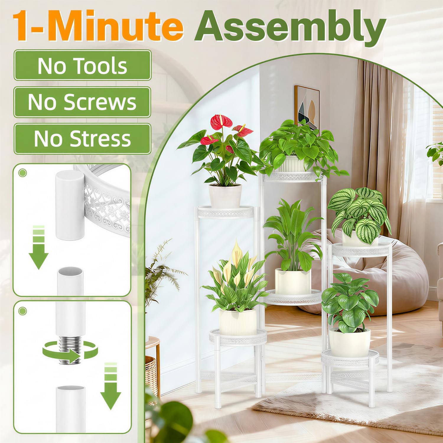 iDavosic.ly Plant Stand Indoor Outdoor, 6 Tier Iron Corner Shelf, White | Tiered Tall Flower Display Holder, Folding