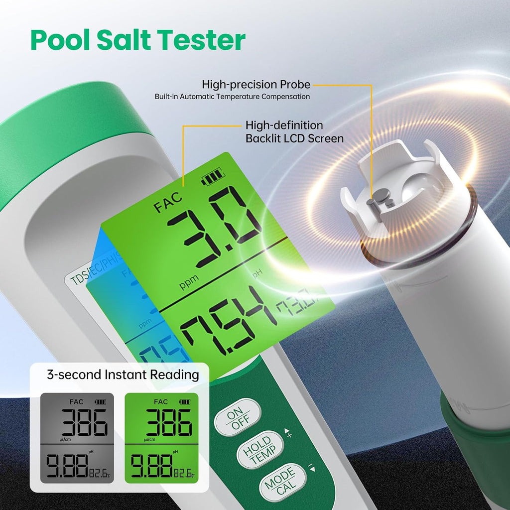 Salt Tester for Saltwater Pool & PH Meter, High Accuracy Pool Salt Tester, 5 in 1 Salinity PH Temp EC TDS Meter for