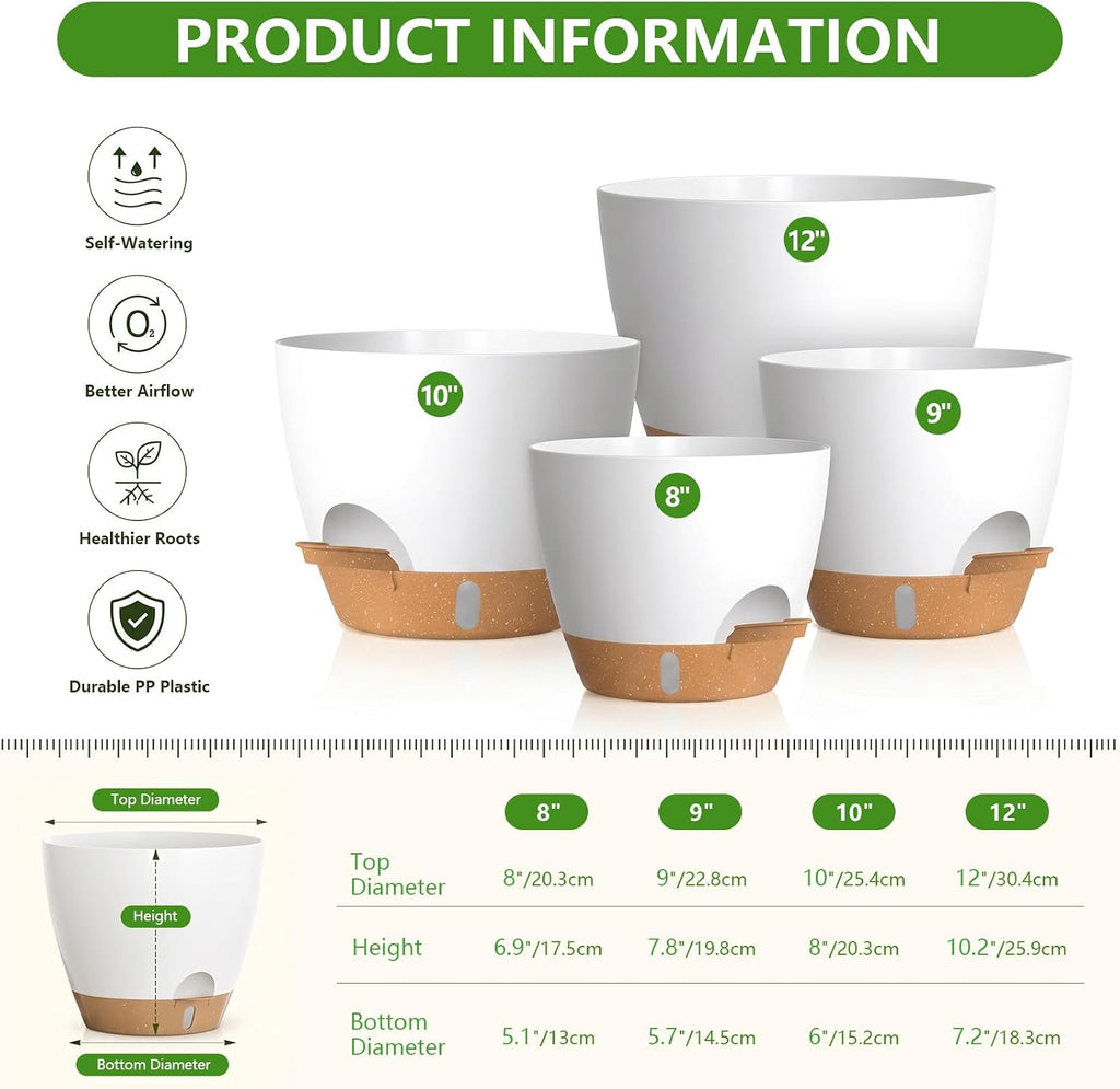 Large Self Watering Pots for Indoor Plants, 12/10/9/8 Inch White | Repotting Mat Included, Water Level Indicator, Deep
