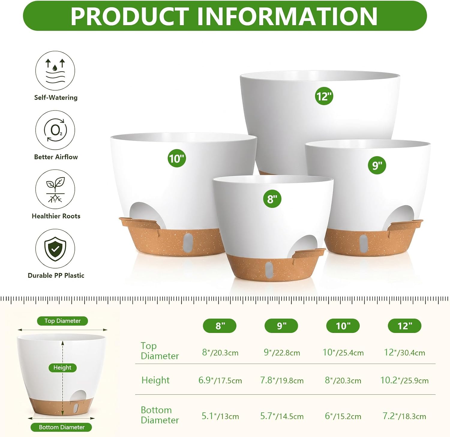 Large Self Watering Pots for Indoor Plants, 12/10/9/8 Inch White | Repotting Mat Included, Water Level Indicator, Deep