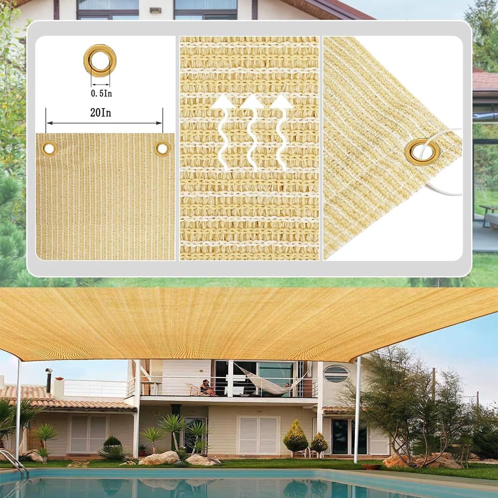 10x20 FT Shade Cloth, 90% UV Block, 200GSM HDPE Fabric | Breathable Beige Sun Shade Screen with Grommets for Patio
