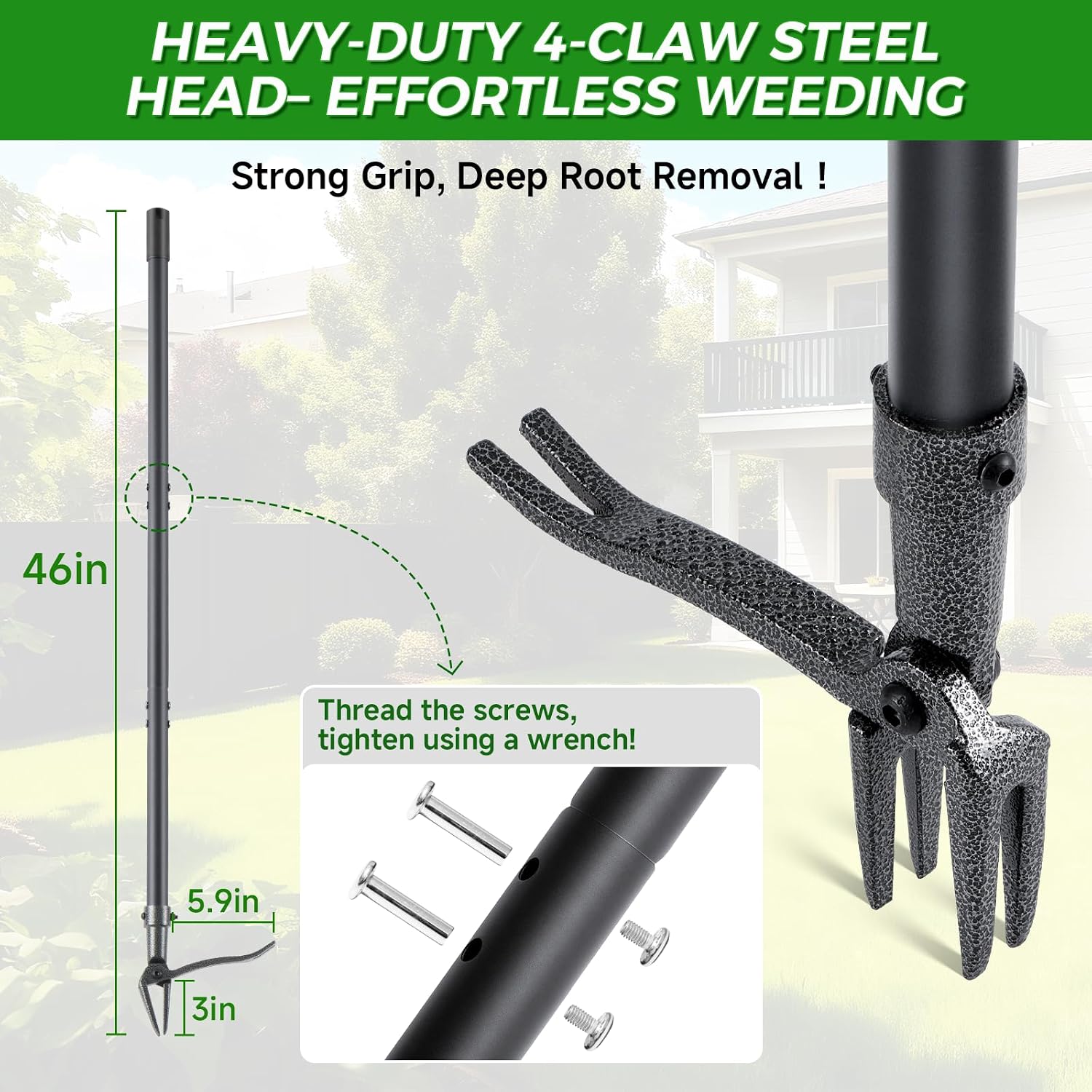 Stand Up Weed Puller Tool, 46" Adjustable All-Metal Long Handle Weeder with 4-Claw Steel Head, Remove Weeds by Roots
