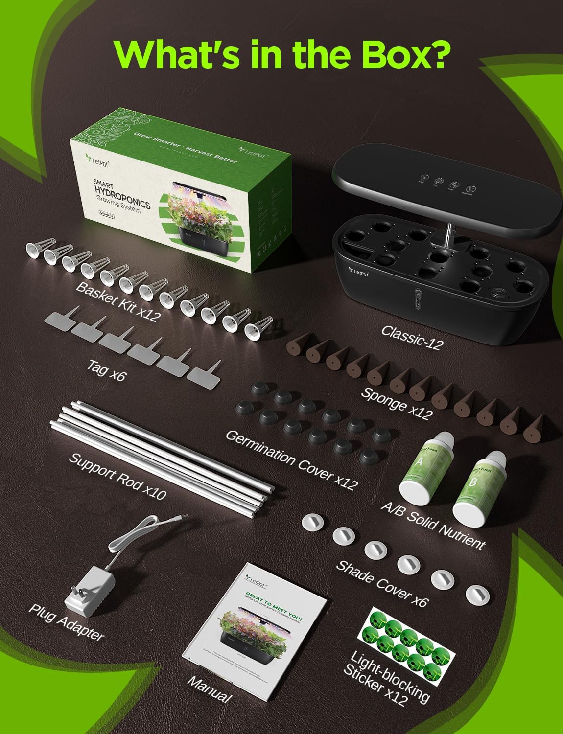 LETPOT Hydroponics Growing System, 12 Pods Indoor Herb Garden Kit with 24W LED Grow Light, 5.5L Water Tank & 16"