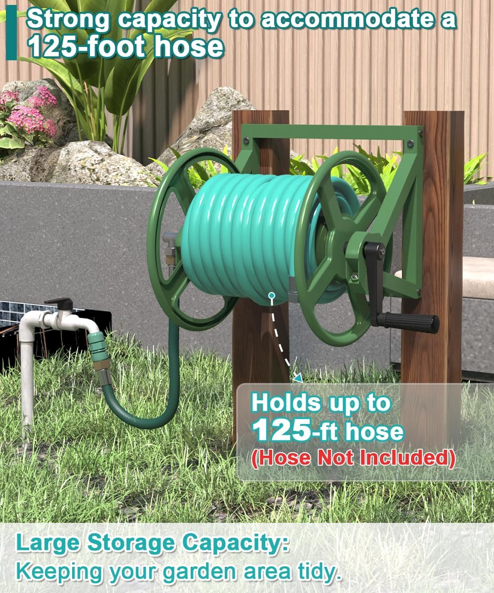 Garden Hose Reel Wall Mounted, Outdoor Heavy Duty Powder Coated Metal Water Hoses Holder Winder Holds 125 ft 5/8" Hoses