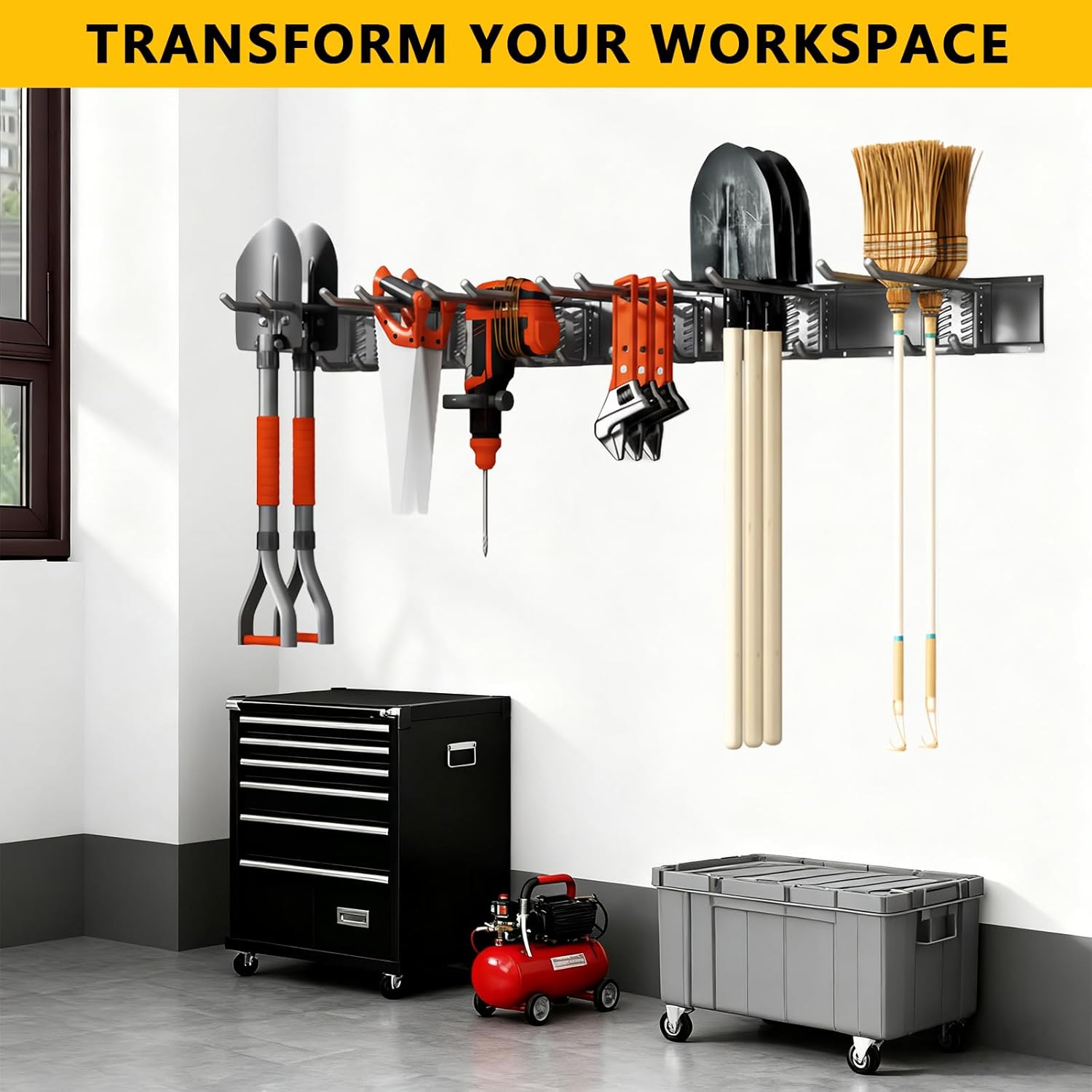 Garage Tool Organizer Wall Mount, 48inch Heavy-Duty Garage Storage System and Garden Tool Organizer with 6 Adjustable