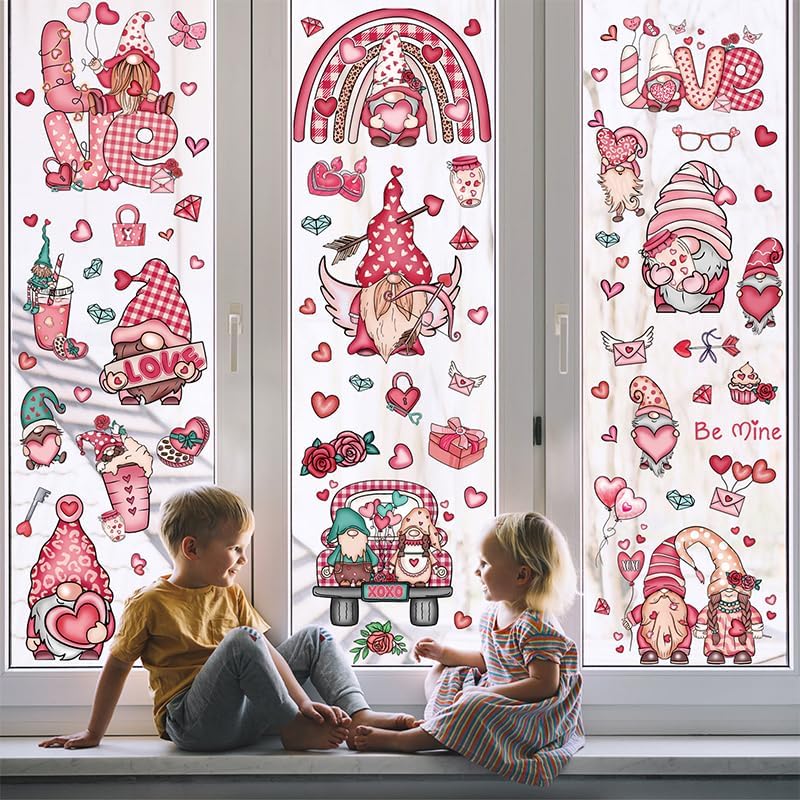 9 Sheets Valentine's Day Gnome Window Clings, Double-Sided Window Decor for Valentines Day, Removable Pink Window Decorations for Glass Windows