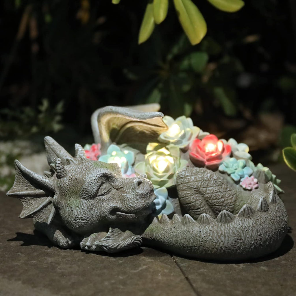 Solar Dragon Garden Statue, Sleeping Dragon with Solar Light Succulent | Coiled Dragon Figurine Solar Light, Waterproof
