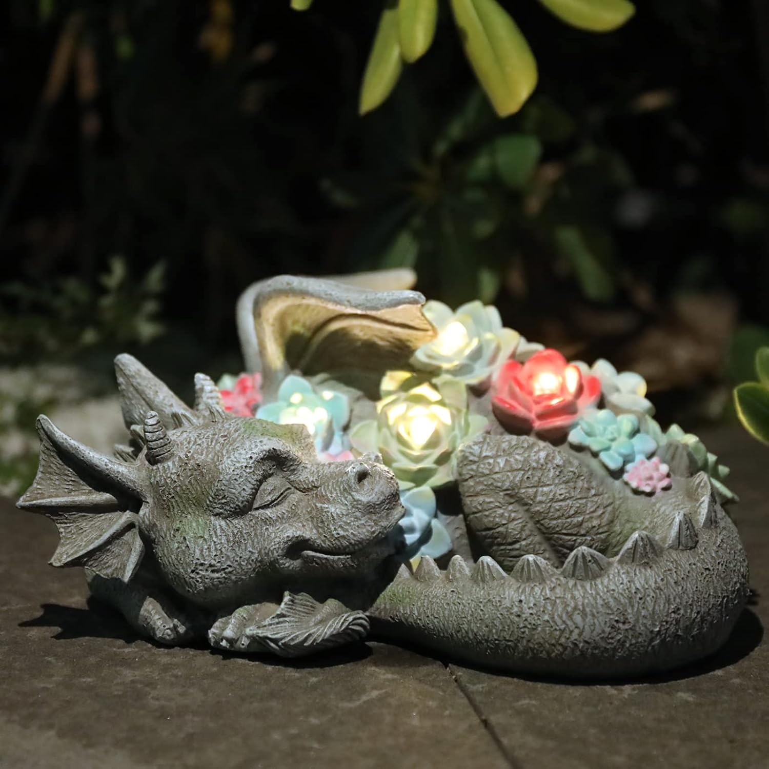 Solar Dragon Garden Statue, Sleeping Dragon with Solar Light Succulent | Coiled Dragon Figurine Solar Light, Waterproof