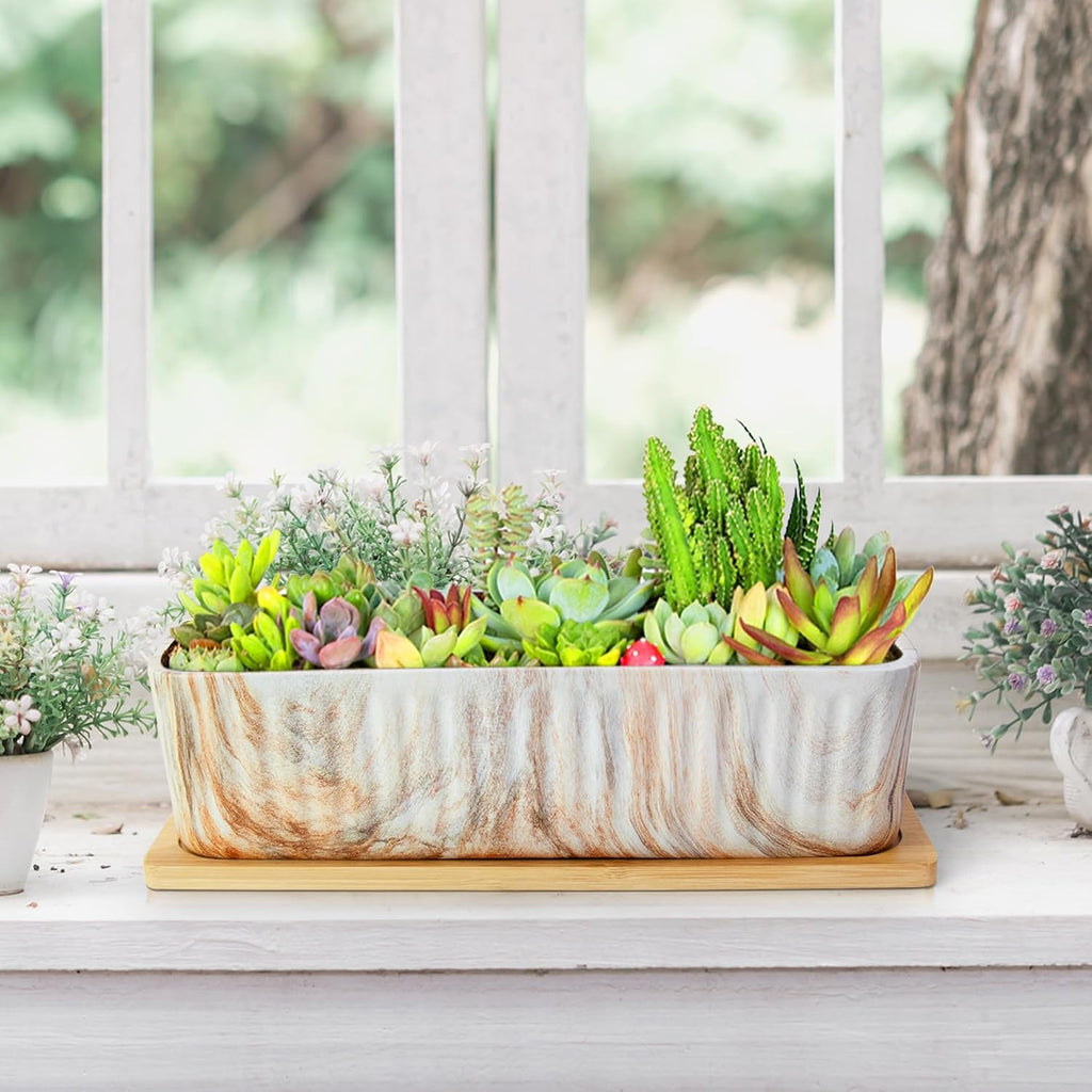 ARTKETTY 12'' Large Long Rectangular Planter, Ceramic Succulent Pots with Drainage Tray, Shallow Windowsill Succulent