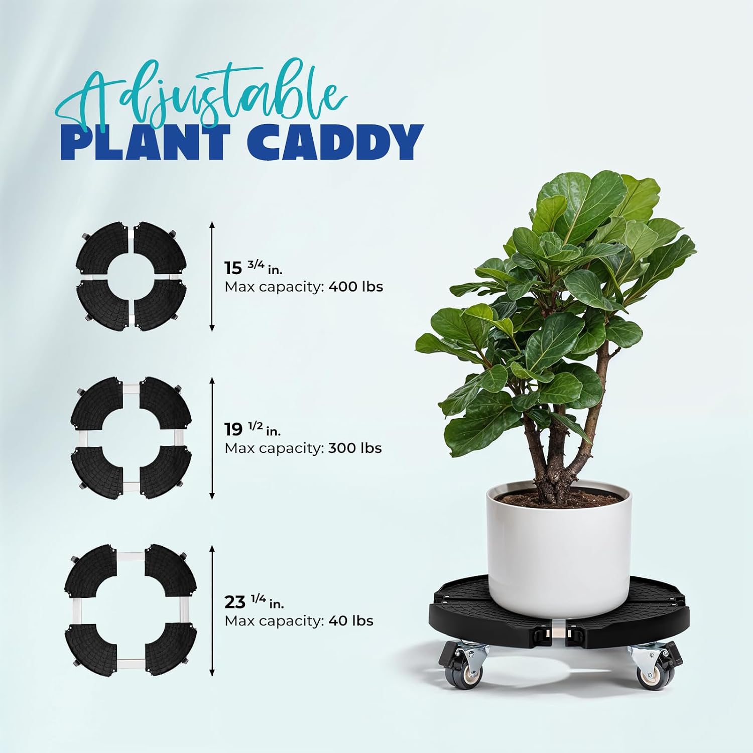 Heavy Duty Trolley Planter Caddy with Wheels 440lbs Capacity, Plant Pots Indoor and Out Door, Adjustable 15-21 in, Black
