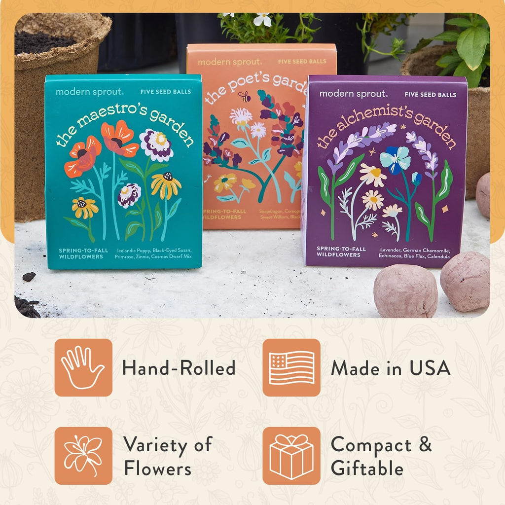 Modern Sprout Bespoke Blooms Flower Seed Ball Kit - Pack of 3 | Non-GMO 15 Hand Rolled Annual & Perennial Wildflower