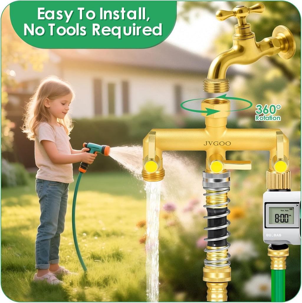 Garden Hose Splitter, Brass 3 Way Hose Splitter, 3/4" Water Hose Splitter 3 Way Heavy Duty with Metal Shutoff Valve and