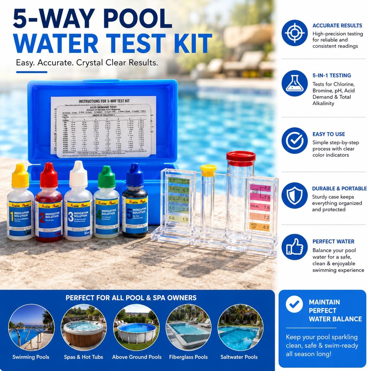 XtremepowerUS 5-Way Swimming Pool Test Kit pH, Chlorine, Bromine, Alkalinity Chemistry Testing with Case Spa, Inground